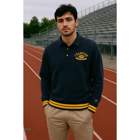 Champion 1919 Physical Education Polo Sweatshirt Navy Yellow Trim Size S - Picture 1 of 6